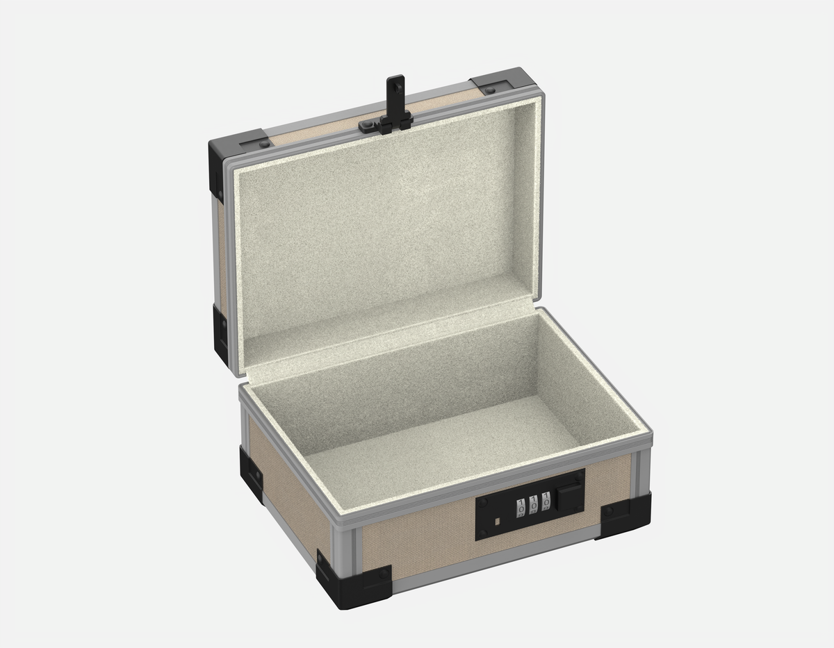 Open YoFun Canine lock case with beige-gray faux suede interior