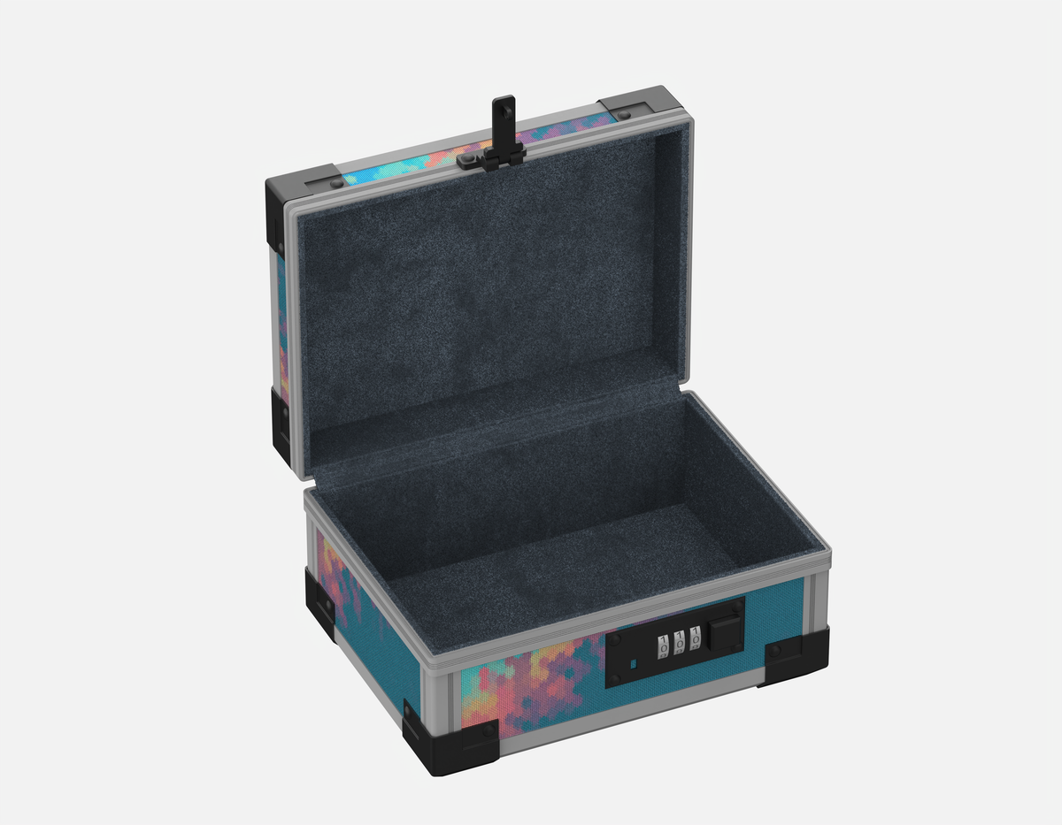 Open YoFun Chromatic Reverie lock case with navy blue faux suede interior