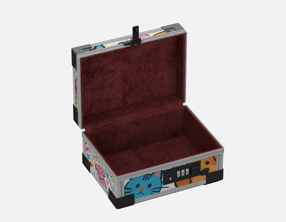 Open YoFun Kaleido lock case with burgundy faux suede interior