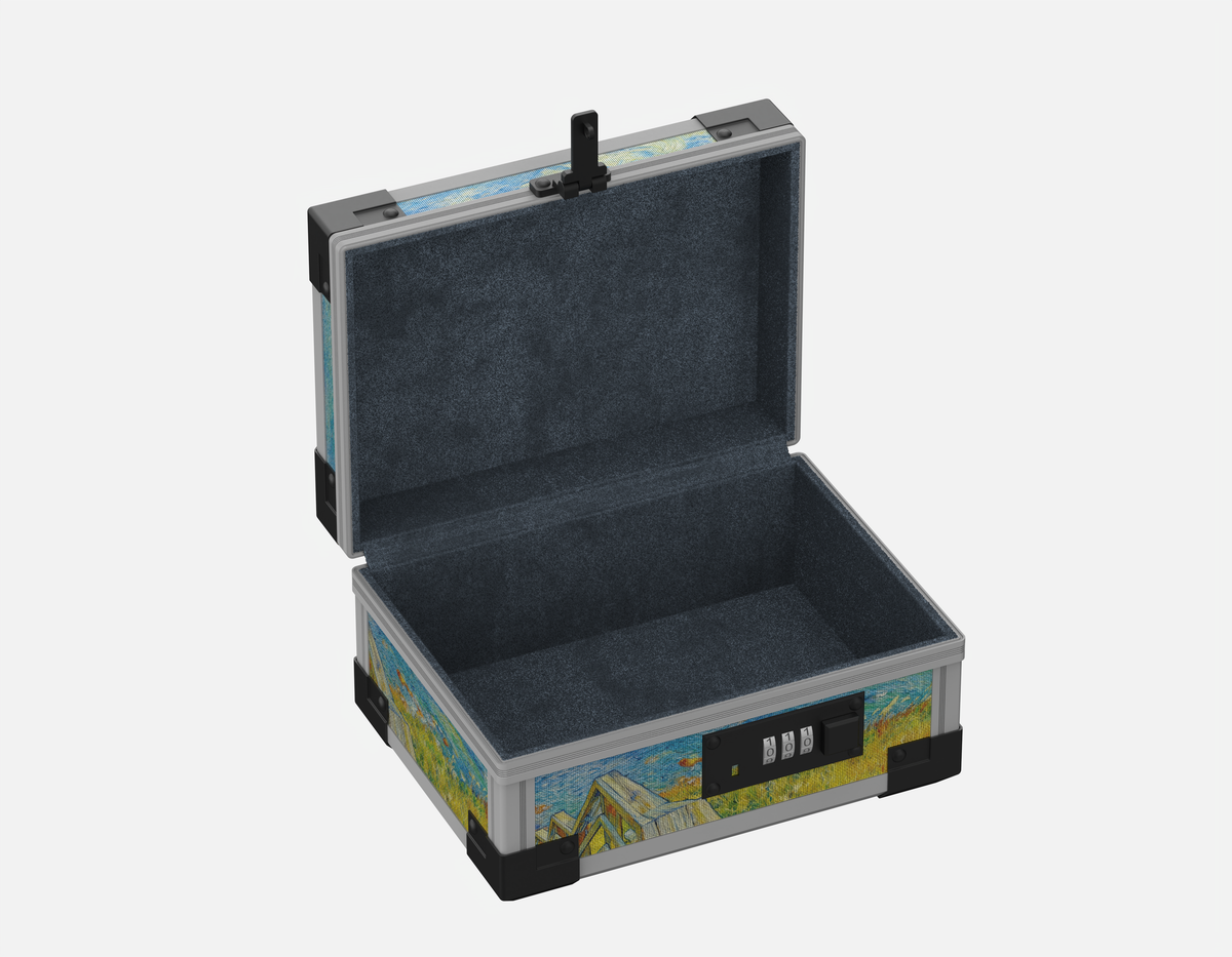 Open YoFun Coastal Serenity lock case with navy blue faux suede interior